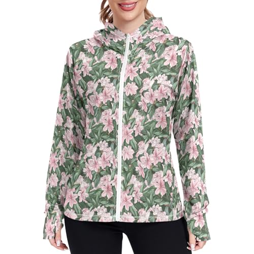 Womens Sun Protection Hoodie Jacket Lightweight Long Sleeve Zip Up Jackets for Women Clothing for Hiking Golf Cycling XXL Watercolour Pink Flowers