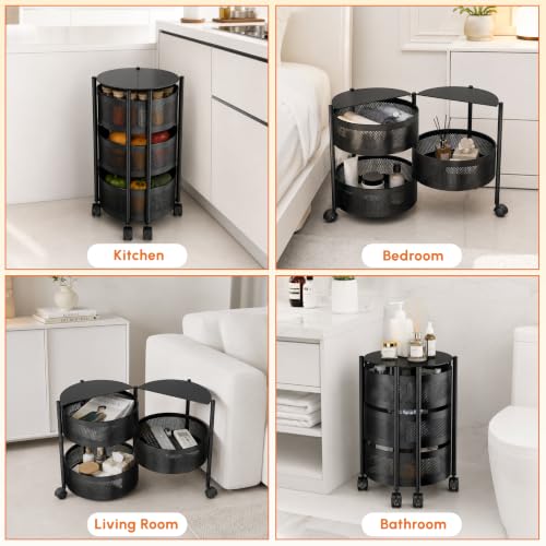 Image of JD FRESH 3 Tier Metal Rotating Kitchen Trolley /360-Degree Rotating Wheels with Expandable Side Opening Design /Movable Butterfly Trolley and Storage Shelf for Kitchen, Livingroom or Bathroom (Black)