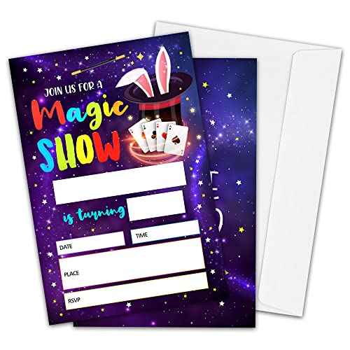 Magician Birthday Party Invitations for Boys or Girls, Magic Show Theme Birthday Parties Supplies Decorations, Magic Party Theme Fill-in Invites, 4' x 6' Double-sided Cards(20 Invitations and