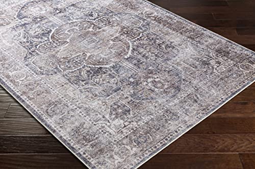 Image of Hauteloom Pegasus Turkish Oriental Medallion Living Room Bedroom Large Area Rug - 0.04 inch Pile Height - Machine Washable - Vintage Distressed - Traditional Faded - Brown, Navy Blue, Beige - 8'10 inch x 12'