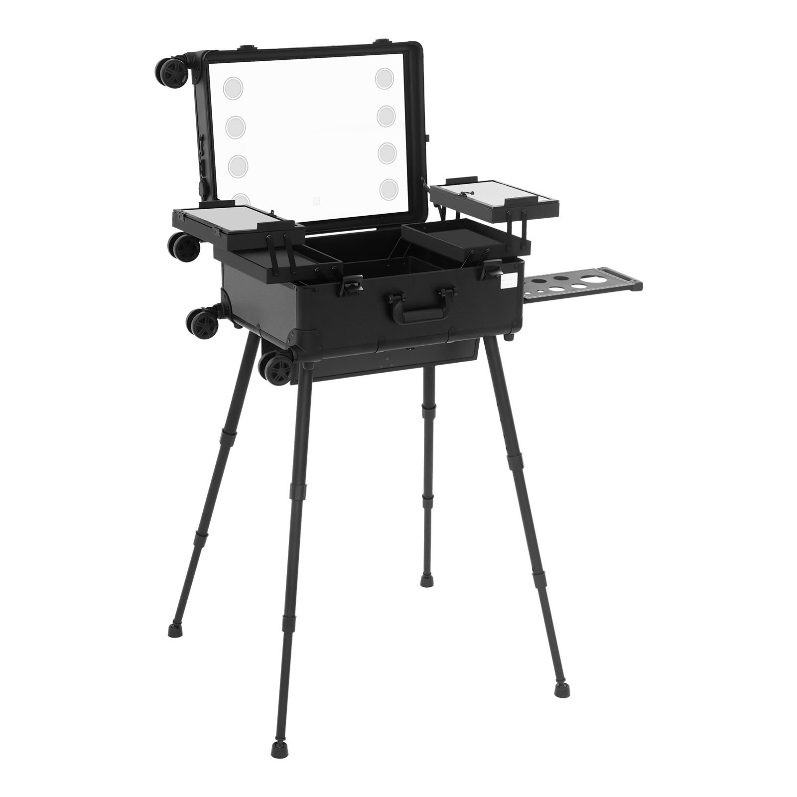 Maletín de maquillaje con 4 ruedas, estuche de belleza, maletín de peluquería, joyero, profesional, estación de maquillaje ajustable, tocador, esteticistas, maletín de aluminio, llaves, iluminación