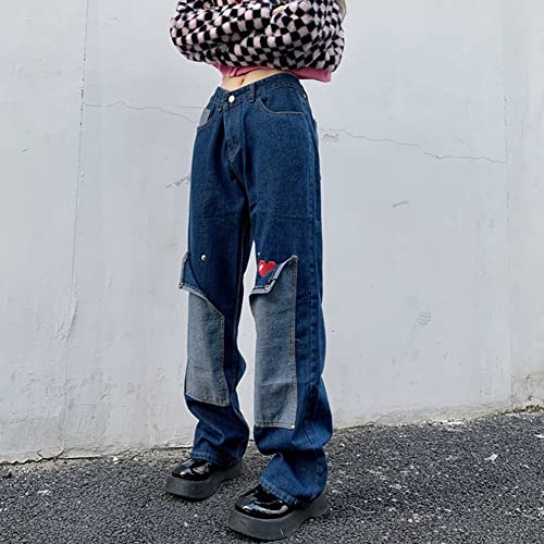 Women Teen Girl High Waist Heart Print Straight Wide Leg Y2K Loose Baggy Cargo Jeans3