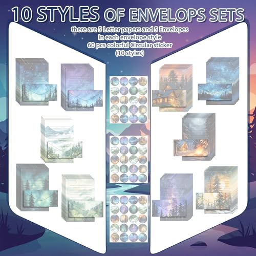 Image of TaoBary 160 Pcs Stationery Paper Kit 50 Double Sided Stationery Papers with 50 Matching Envelopes and 60 Round Dot Sticker, 10 Design(whimsical Watercolor Illustration Starry Night, 8.5 x 11 Inch)