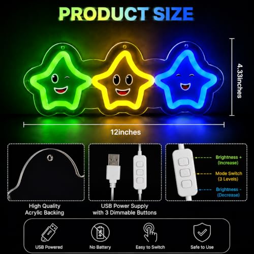 Image of Cute Stars Neon Sign Gaming LED Neon Light for Wall Decor, Dimmable Colorful Cartoon Stars for Gaming Room Bedroom Kids Room Party Decoration Gifts for Kids