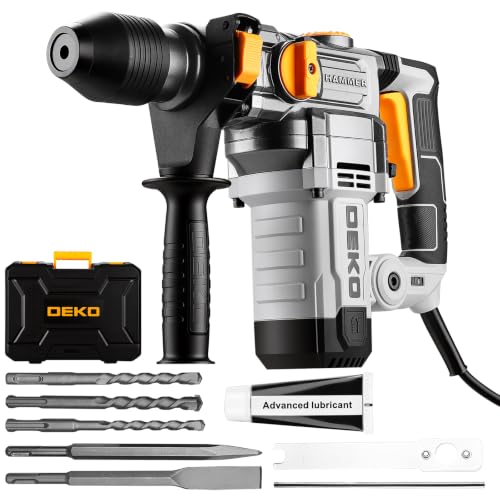 DEKOPRO Martillo Perforador SDS-Plus de 1500 W, 5,5 J, 6 Velocidades, 300-1000 RPM, 3 Modos de Trabajo, para Hormigón y Ladrillo, con 3 Brocas y 2 Cinceles
