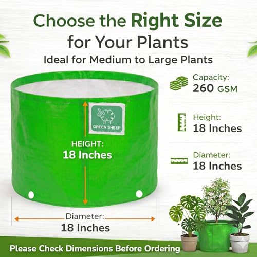 Image of GREENSHEEP HDPE Grow Bag Heavy Duty 260 GSM Round Plants Flower Growing Bags Floor Standing Mount Type for Home Garden Balcony Terrace Kitchen Nursery (Green, 18x18 inch, Pack of 10)