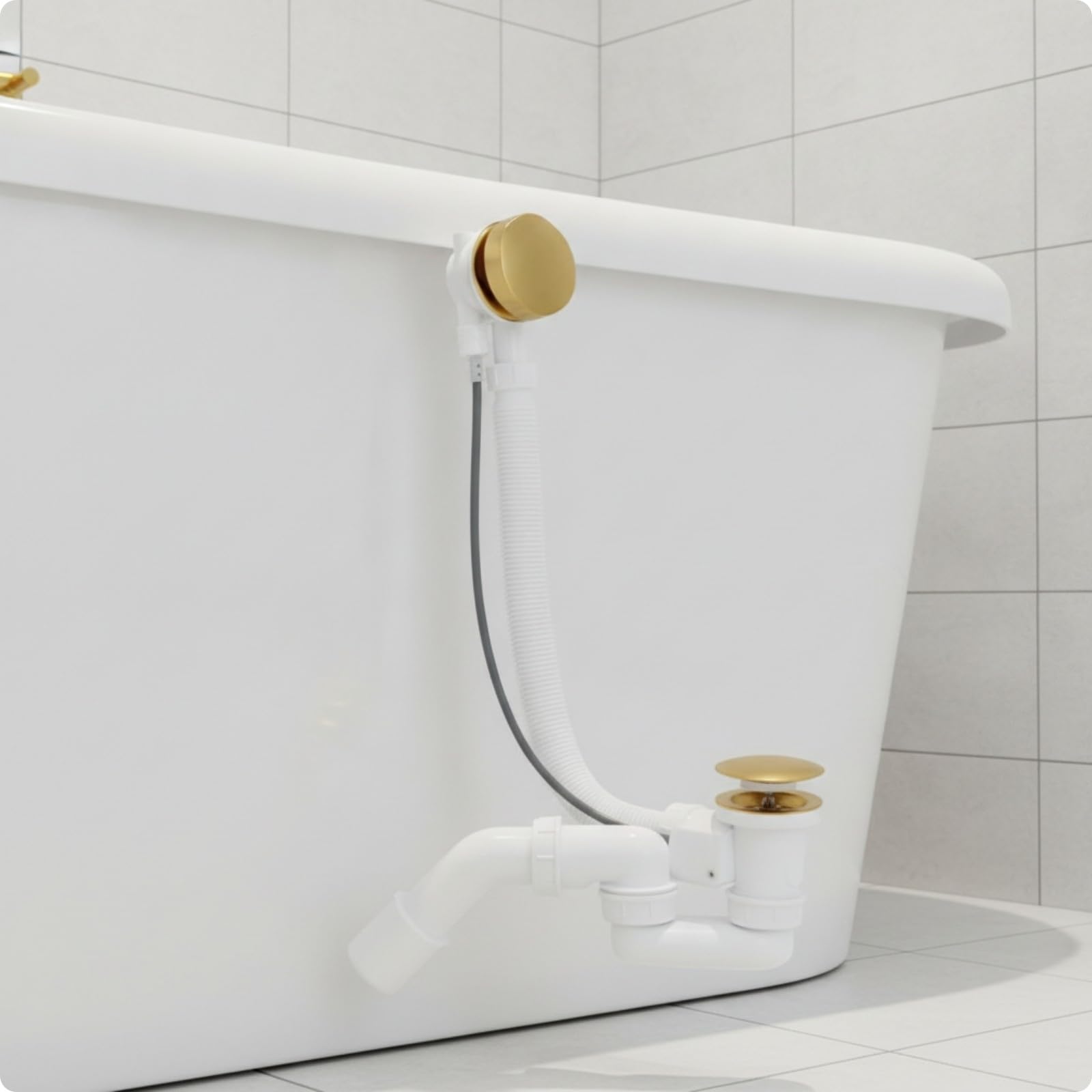 Badewannenablauf mit Überlauf verchromt Ablaufgarnitur mit Überlauf flexibel Wannenablauf Flexschlauch für Installateure, Badezimmer, Renovierung, 65 cm
