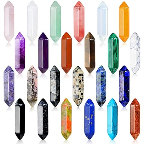 24Pcs Healing Crystals Stones Sets, Hexagonal Bullet Shaped Reiki Meditation Gemstone Chakra Stones Tiger Eye Obsidian Quartz Crystals Gemstone Wand Set Pendants with Storage Box Cover
