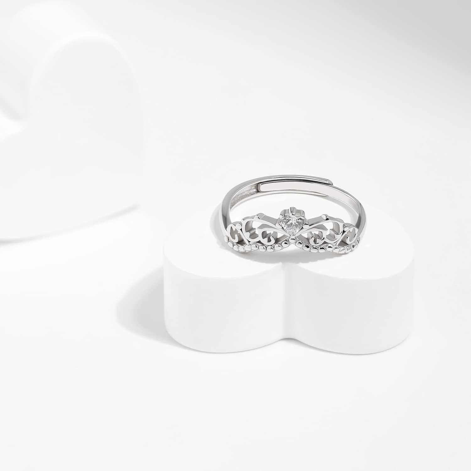 Meissa Anello Tiara in argento 925 Anello della corona principesca per le donne Unico anello di promessa regolabile con retro aperto Regali per le ragazze, Argento