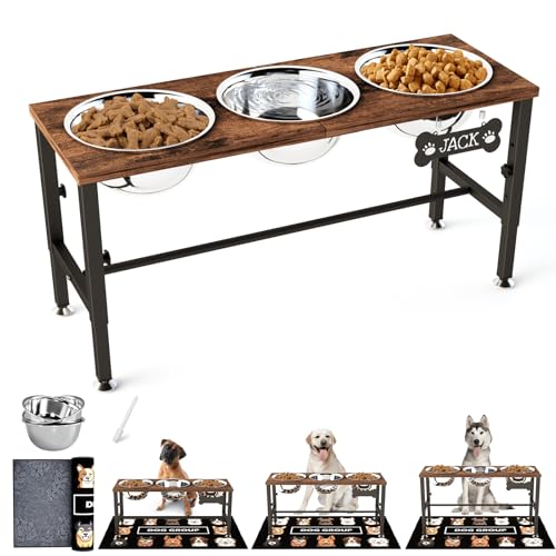 SHAINFUN Adjustable Height Elevated Dog Bowl Stand Wooden Raised Dog Bowls with Three 58oz Stainless Steel Bowls & Mat for Small to Large Dog Breeds
