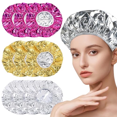 9 piezas gorro de papel aluminio gorro térmico para el cabello, gorro calefactor de aluminio para el cuidado del cabello, gorro de ducha reutilizable, gorro de baño elástico impermeable
