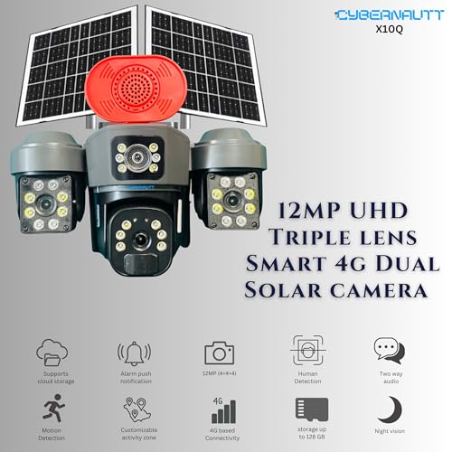 Image of XUGA Cybernautt X10Q 4+4+4 MP Triple Lens Full HD Battery Powered & Solar Sim Camera with External Hooter | Dual Solar | Human Detection | Motion Detection | 2 Way Audio