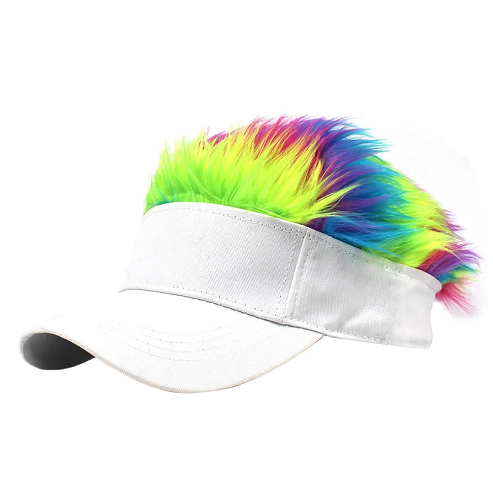 Men's Visor with Hair Fake Hairs Visor Hat for Men Funny Sun Hats Novelty Baseball Wig Caps with Spiked Hair, White+Color