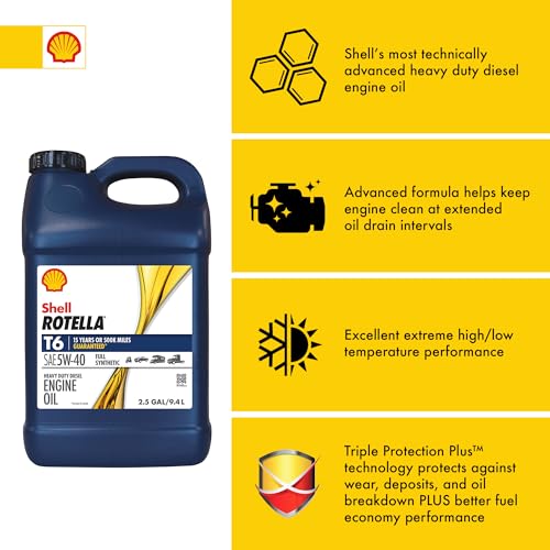 Shell Rotella T6 Full Synthetic 5W-40 Diesel Engine Oil, 2.5 Gallon
