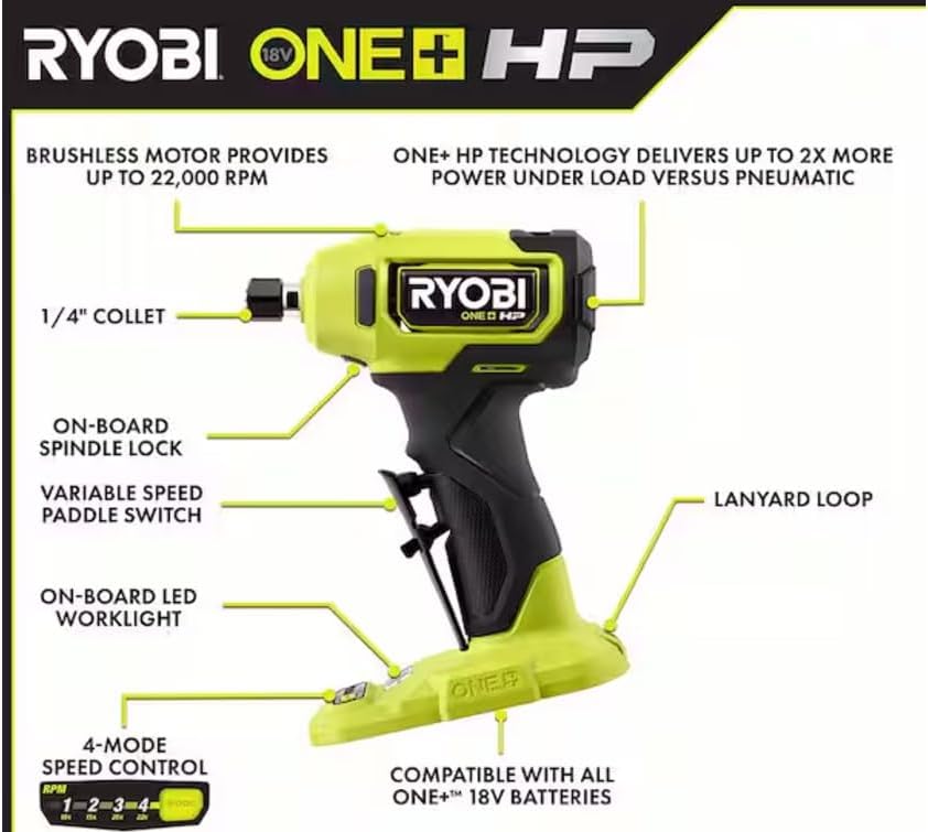 RYOBI 18V ONE+ HP Compact Brushless 1/4" Right Angle Die Grinder Kit