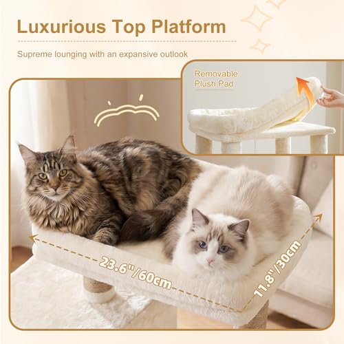 Image of Heybly 68.1 inch Cat Tree with Oversized Top Platform & Wide Base HCT059MJ | Heavy Duty Cat Tower for Large Indoor Cats with 2 Condos, 2 Hammocks, 10 Sisal Scratching Posts, Stable Cat House, Beige