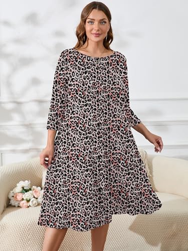 Image of AusLook Women's Plus Midi Dresses Crew Neck A Line 3 /4 Sleeves Casual Elegant Loose Wedding Vacation Dress with Pockets
