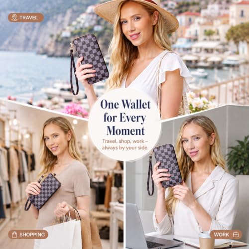 Image of Purple Checkered Wallet for Women, Zip Around Wristlet Wallet