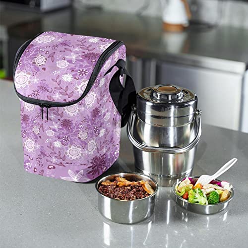 Lonchera grande de flores moradas con correa ajustable para hombro 7