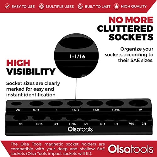 Image of Olsa Tools Magnetic Socket Organizer - 1 /2-Inch Drive SAE Socket Holder with Strong Magnets - Professional Tool Holder and Organizer - Stores up to 16 Sockets - Black - Part:1544