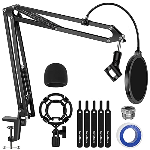 Super Brands InnoGear Mic Stand, Microphone Stand for Blue Yeti Boom Arm Scissor Max Load 4.0 lb with Windscreen, Pop Filter, Shock Mount, Mic Clip, 3/8" to 5/8" Adapter for Mics Broadcasting Recording Game