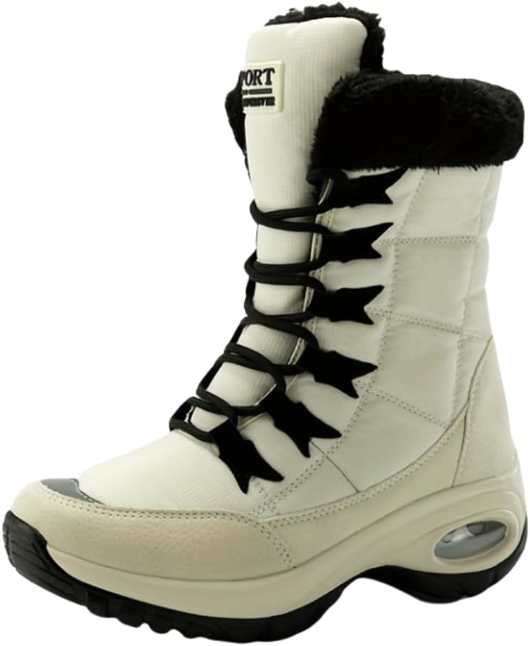 Women's Mid-Calf Winter Boots Casual Lace-Up Round Toe Platform Heel – Solid Color Fabric Upper with Flannel Lining and PU Sole– Casual Warm Padded Shoes