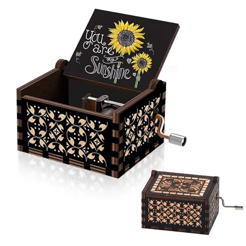 Xiciki You are My Sunshine Sunflowers Music Boxes Hand-Crank Melody Musical Box Laser Engraved Wood Antique Gift for Friends/Lovers/Mother Christmas Day Anniversary (You are My Sunshine 1)