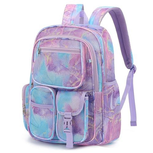 Pepailug Mesh Backpacks for School, Heavy Duty Breathable See Through Bookbag for Women Girls Boys Kids, Large Capacity Mesh bag for Beach Swimming Gym Work Travel- Marble Purple by Pepailug - Used condition - US$30.65
