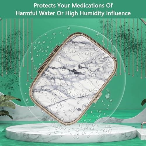 Image of Pill Case Pill Box with Mirror Retro 2 Compartment Small Pill Case for Purse or Pocket Bronze Rectangular Pill Box or Vitamins, Fish Oil, Supplements, Pill Containe Travel Gifts(White Marble)