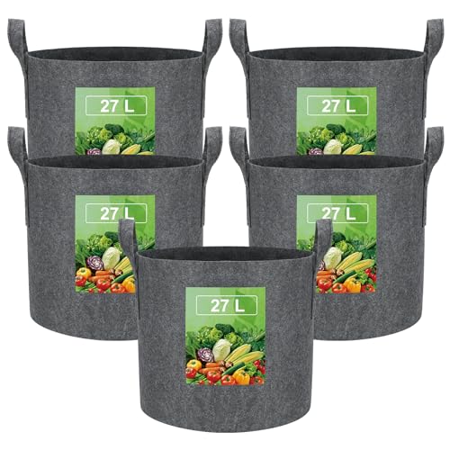VIEWALL 27 L Pflanzsack aus Stoff,Kartoffelsack mit Griff,Wiederverwendbare Tomatentopf Pflanztasche für Anbau von Kartoffeln,Tomaten,Gemüse,Blumen,Verdickter und Belüfteter Pflanzkübel,5 Stück,Grau