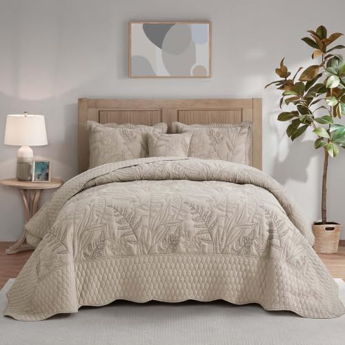 Image of Bedspread oversized Full 96x110,Beautiful Leaf Stitching,5 PC,Taupe