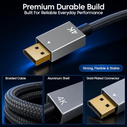 Image of Sounce 4K DisplayPort Cable 1.2 DP to DP 1.5M | 4K@60Hz 2K@144Hz | Braided Male to Male Display Port Cord for Gaming Monitor PC GPU RTX 4090 Desktop, Projector | Gray