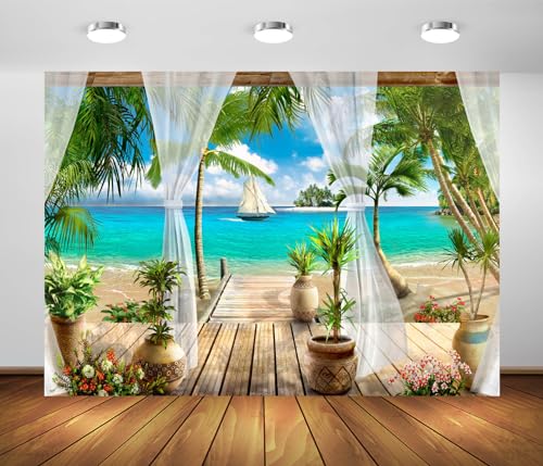 BELECO 7x5ft Fabric Tropical Sea Backdrop Paradise Beach Villa Terrace View Palm Trees Blue Ocean Island Sailing Boat Background Summer Theme Party Decoration Photoshoot Studio Props Wallpaper
