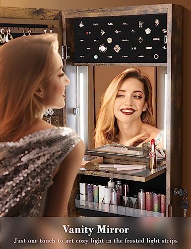 Nicetree 47.2" H Led Full Length Mirror Jewelry Cabinet, Inner Vanity Makeup Mirror With Lights, Door/Wall Mounted Jewelry Armoire Organizer, 2 Drawers, Velvet Pockets, Rustic Brown #TOP3