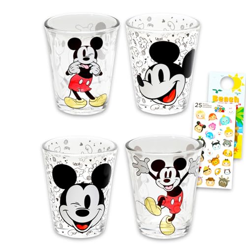 Disney Mickey Mouse Shot Glasses 4 Pack - Bundle with 1.5 Oz Mini Glasses Featuring Mickey Mouse Plus Stickers, More Mini Cups Set