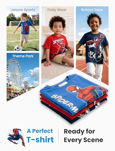 Disney Marvel Spiderman Miles Morales Little Boy Short T-Shirt 3 Pack Girl Tee Shirt Kid Cotton Graphic Tops Summer Apparel Outfit Children Athletic Sports Cloth Fall Jersey Blue/Red/Black 4-5 Years - image 7