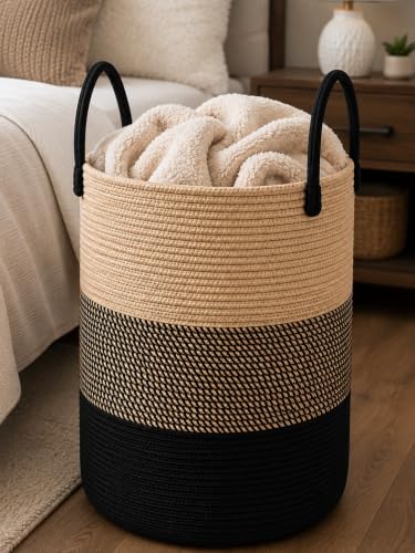 Image of Large Laundry Basket - Rope Hamper for Dirty Clothes, Towels, Toys, Blanket, Pillows in Living Room, Bedroom and Laundry Room (Size - 14 inch x 14 inch x 18 inch) (Beige Black Mix)