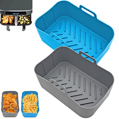 2 Pack Air Fryer Silicone Liners for Ninja Foodi Dual Zone 7.6L AF300UK and 9.5L AF400UK, Ninja Reusable Dual Air Fryer Pot Baskets Accessories, Food Safe Replacement Liner (Gray+Blue)
