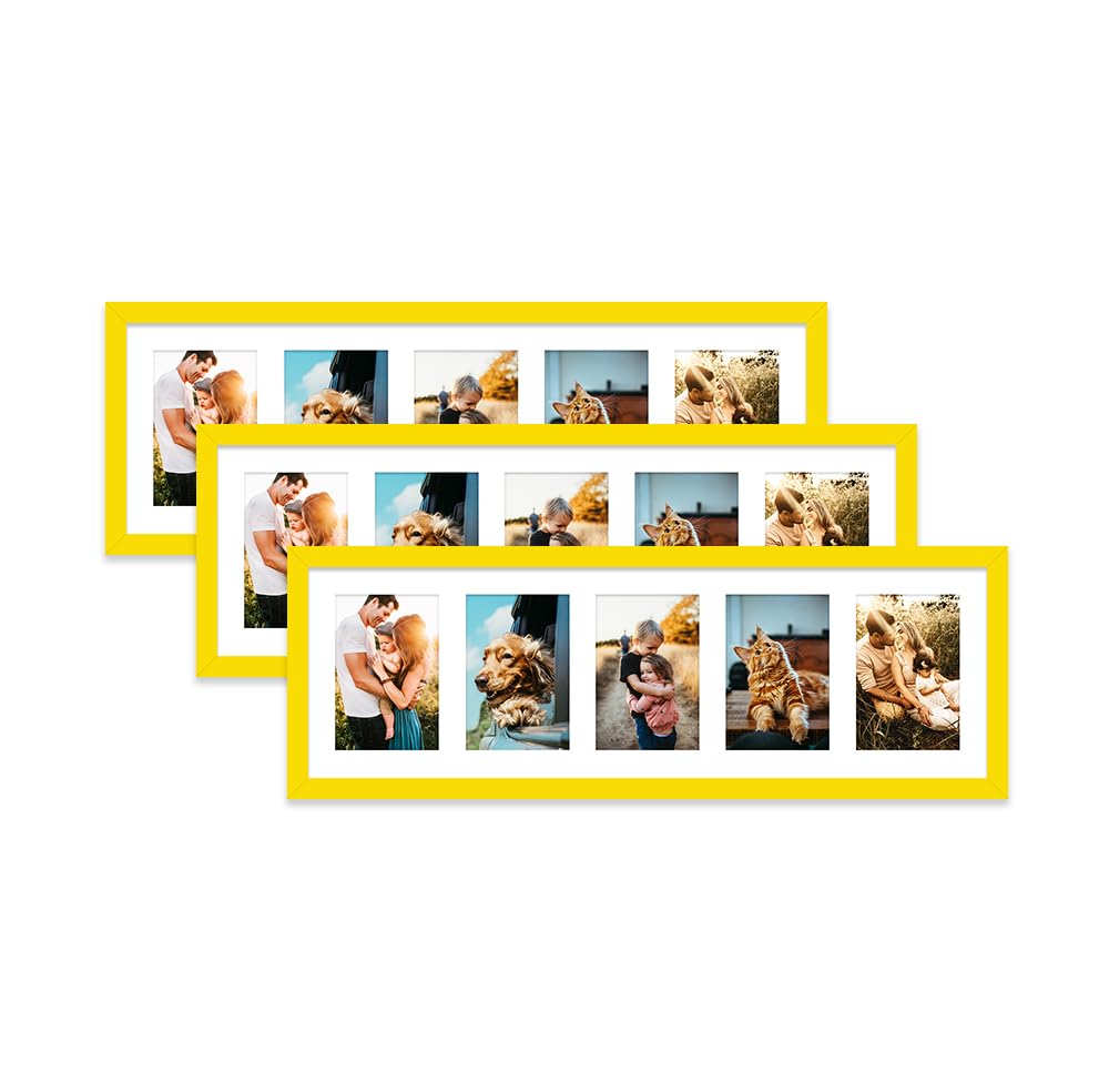 Yellow Multi Photo Frame - Holds 5 x 6x4 Pictures, Family Collage Picture Frame for Wall Display, 8x26 Panoramic Frame Size, Set of 3 โ image 1