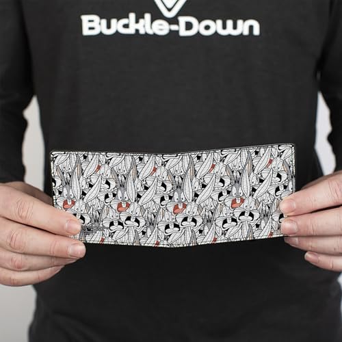 Buckle-Down Men's PU Bifold Wallet-Bugs Bunny Expressions Stacked White/Black/Gray, Multicolor, 4.0" x 3.5"4