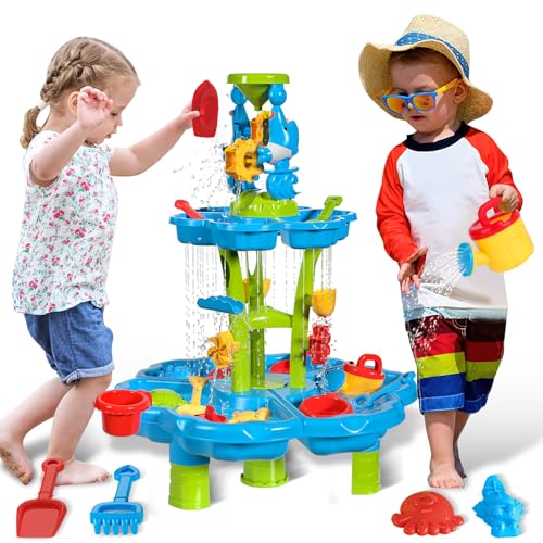 deAO Mesa de Agua y Arena para Niños 3 en 1, 4 Capas Mesa de Actividades de Playa con 20+PCS Accesorios para Juegos de Arena, para Fiestas Infantiles, Parques, al Aire Libre, Actividades Educativas