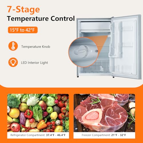 GarveeHome Mini Refrigerator with Freezer, 4.3 Cu.Ft. Compact Refrigerator, 7 Settings Temperature Adjustable, Removable Glass Shelves Dorm Fridge for Garage,Bedroom, Office, Apartment, Grey