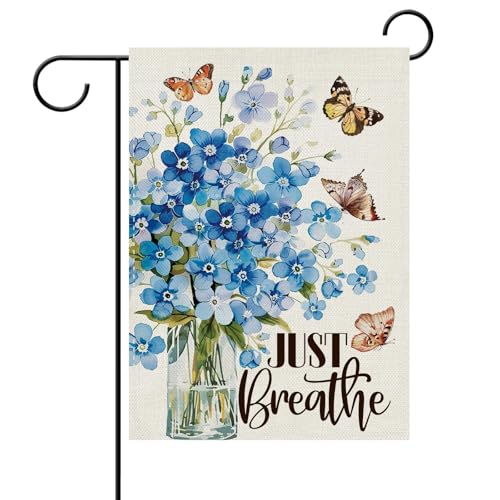Dyrenson Watercolor Forget-Me-Not Flower Decorative Garden Flag, Spring Summer Just Breathe Floral Butterfly Yard Outside Home Decoration, Mason Jar Burlap Outdoor Small Decor Double Sided 12 x 18