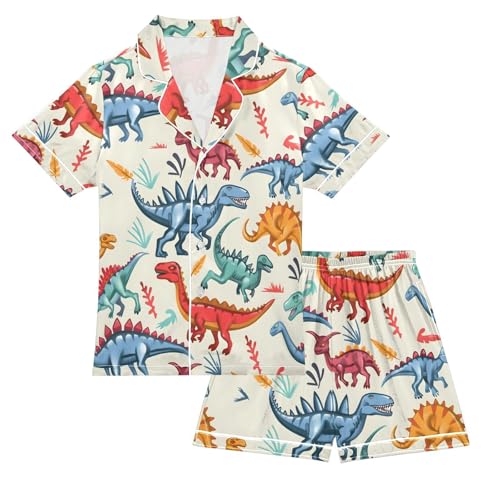 ALAZA Cartoon Dinosaur Leaves Pajamas Satin Pajama Set Short Sleeve Button Down Sleepwear
