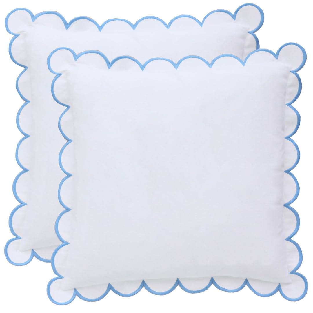 Bebe Bask White/Blue Scalloped Pillow Cover - Set Of 2-18 X 18 Inch - Scallop Pillow Cover – And Scalloped Pillows - Scallop Pillows - 100% Cotton - Grandmillennial Style ()
