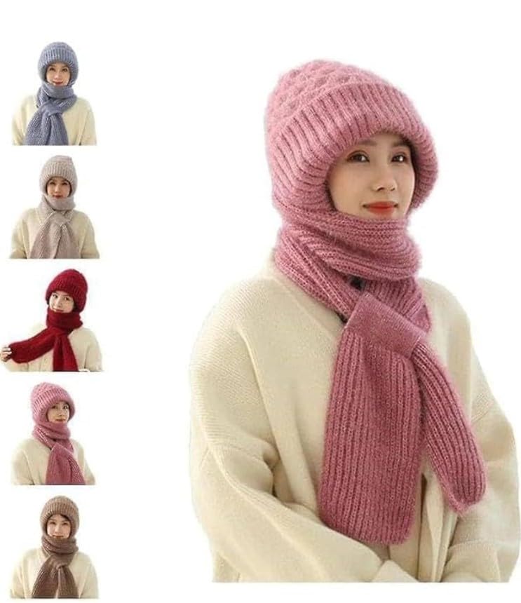 Women's Soft Knitted Winter Warm Hat Woolen Cap Lovely Muffler Combo Winter Topi Scarf with Windproof Ear Protection for Girls and Women | Pack of 1