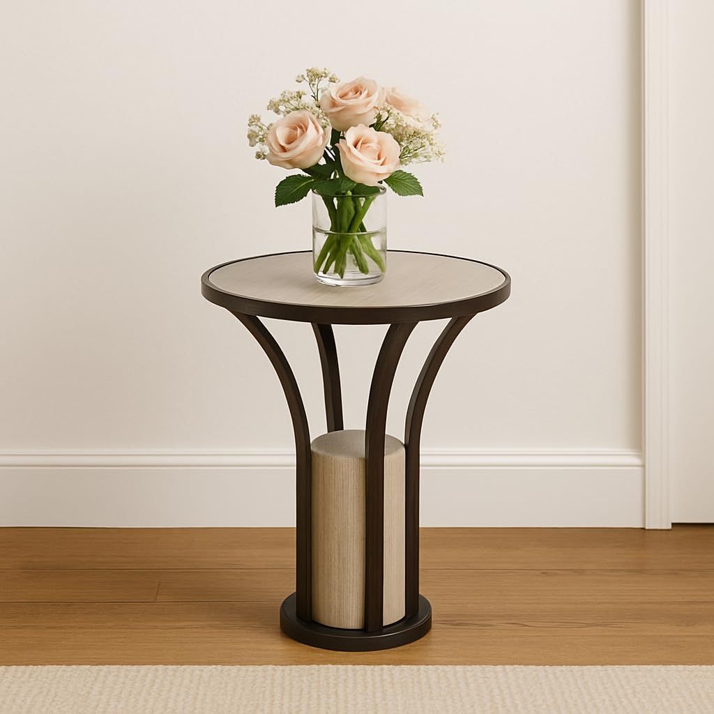 Home Decor End Table, Side Table, or Night Stand - Sleek Marble Top with Cylindrical Stone Pedestal for Big or Small Spaces - Artistic Accent Table for Bedroom or Living Room - 24" Bronze & Copper