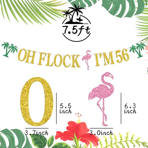 Image of Oh Flock I'm 56 Banner, Glitter Happy 56th Birthday Anniversary Party Decorations, Pineapple Party Decor, Hawaiian Luau Tropical Aloha 56 Theme Party Photo Props