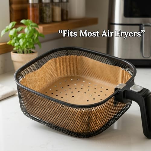 Image of 100 PCS Air Fryer Disposable Paper Liners | 8 Inch Square Parchment Sheets | Oil-Proof & Non-Stick, Heat Resistant Baking Paper for Air Fryer, Microwave, Roasting & Cooking| Pack of 5