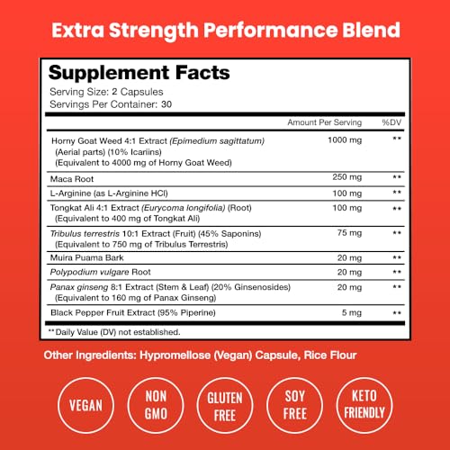 Image of NutraChamps Horny Goat Weed, 1000mg Epimedium Energy Supplement, 10X Strength Icariin, Ginseng, Tribulus & Maca Pills for Women & Men, Enhanced Absorption with Black Pepper, 60 Vegan Capsules